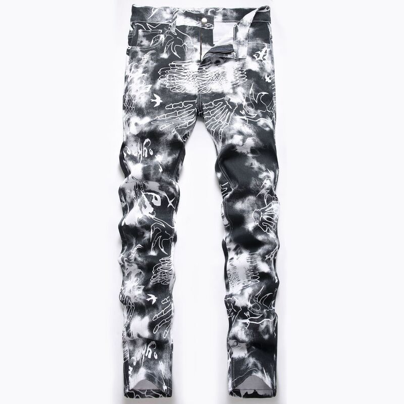 Wide-Leg Jeans for Men, Spring and Autumn Style, American-Style Skull Design, 2024 Youth Loose Straight-Leg Long Pants, Hong Kong Style for Boys