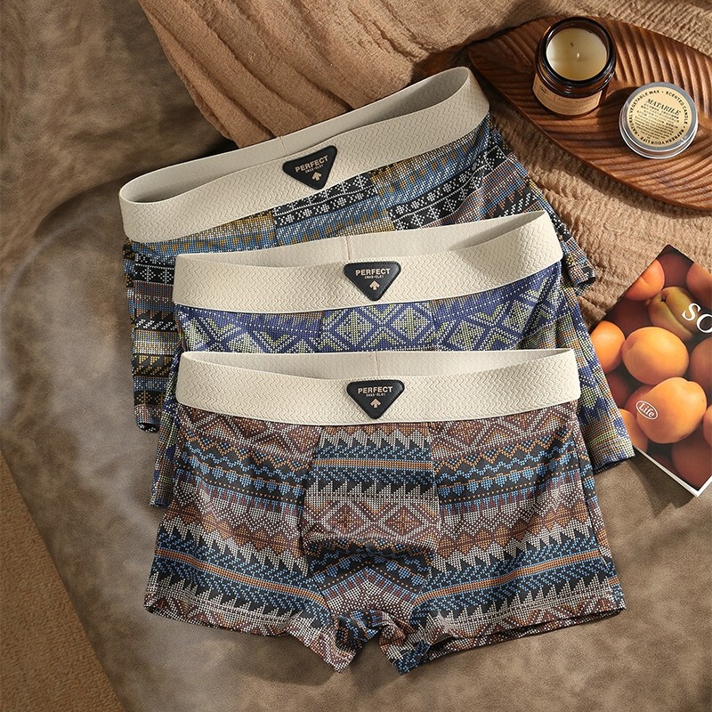 Ethnic Style Men's Underwear, Men's Boxer Briefs, Pure Cotton, American Retro, Mid-Waist, Boys' Boxer Briefs, Douyin Hot Style