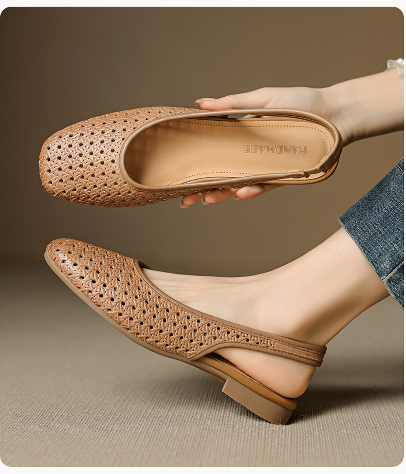 Sandal nữ đế bệt mũi bọc da bò, quai sau hở, phong cách vintage đan lỗ — đen chi tiết 12