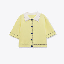 速卖通批发秋季新款女装百搭翻领短袖缉线针织开衫上衣2142109