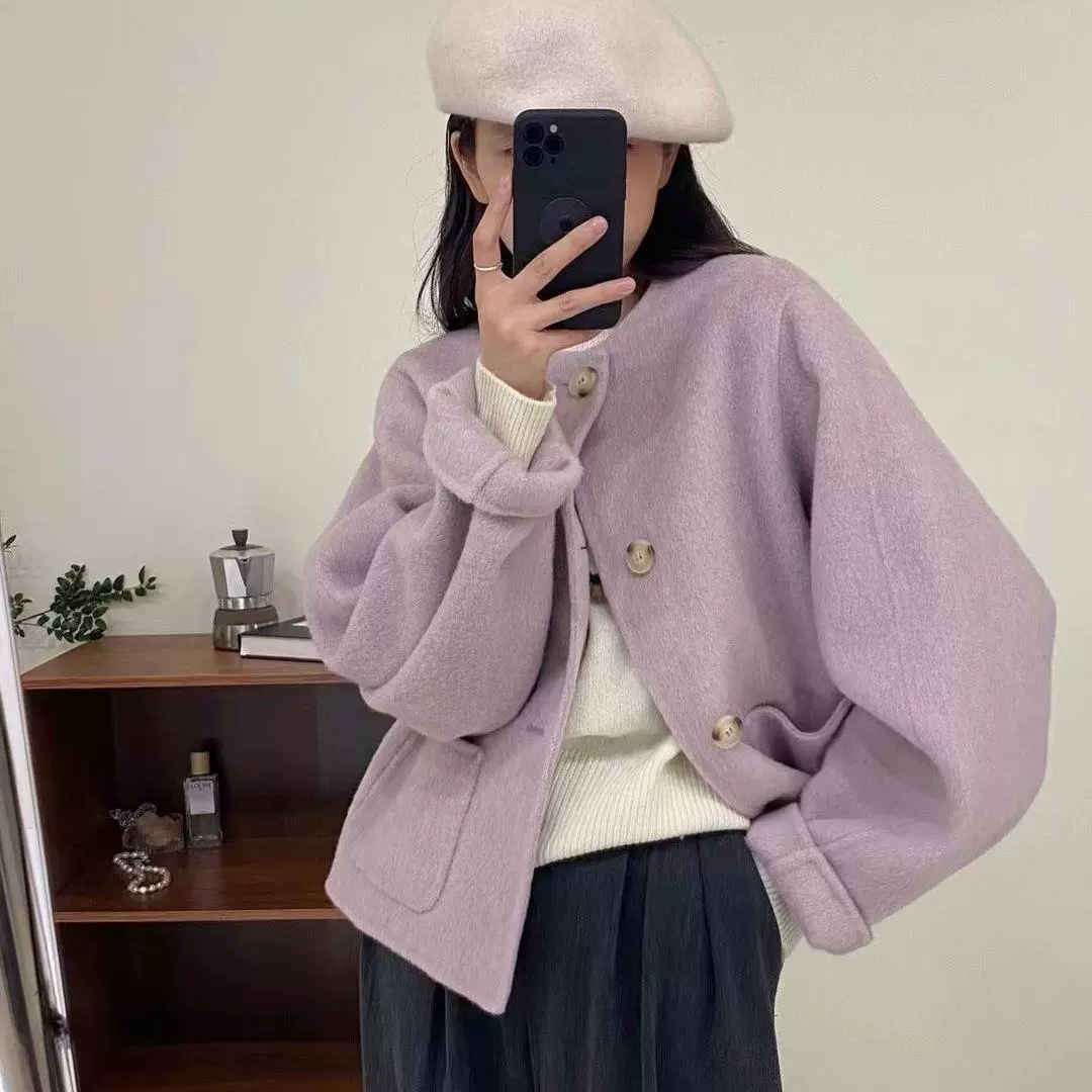 Демисезонное шерстяное пальто фиолетового цвета, корейский стиль, стиль CHANEL, оверсайз, для подростков