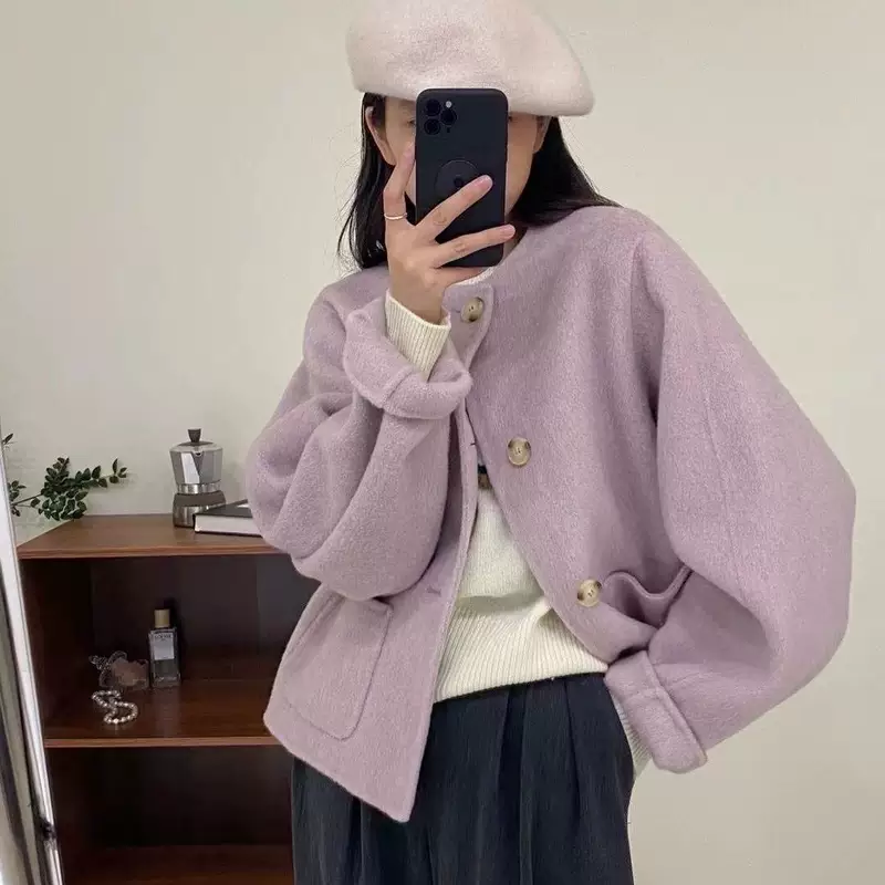 Демисезонное шерстяное пальто фиолетового цвета, корейский стиль, стиль CHANEL, оверсайз, для подростков
