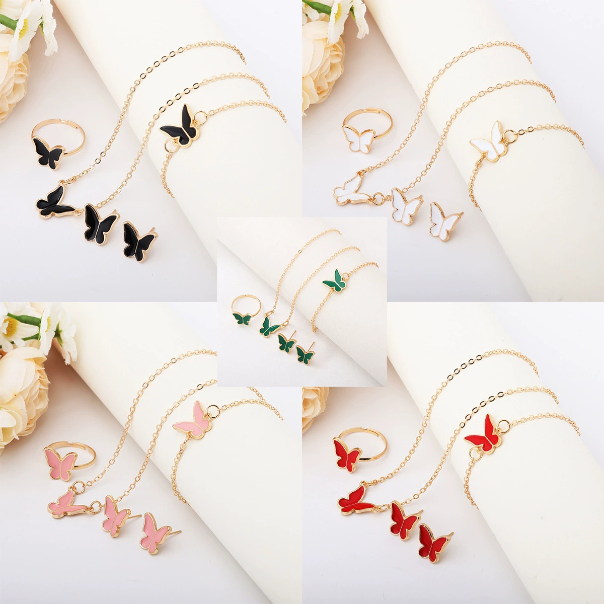 Горячая продажа европейских и американских ювелирных изделий женская мода темперамент личность бабочка ожерелье серьги кольцо браслет 4 шт. оптовая продажа