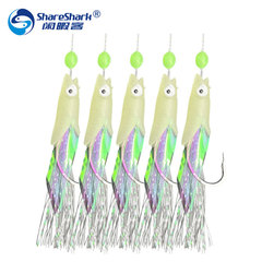 String fish head hook, luminous fish string hook, sea fishing, freshwater fishing, dual-purpose hanging hook, 1 string of 5 pieces, white striped hook with raised mouth