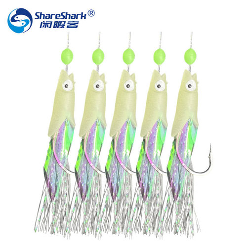 String fish head hook, luminous fish string hook, sea fishing, freshwater fishing, dual-purpose hanging hook, 1 string of 5 pieces, white striped hook with raised mouth