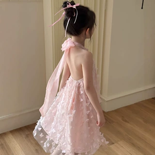 童裙2025夏女童立体蝴蝶网纱露背公主裙女孩甜美度假风仙女连衣裙