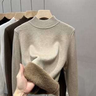 One-piece velvet semi-high collar large version knitted nursing sweater autumn and winter new fleece-lined thickened inner feeding top