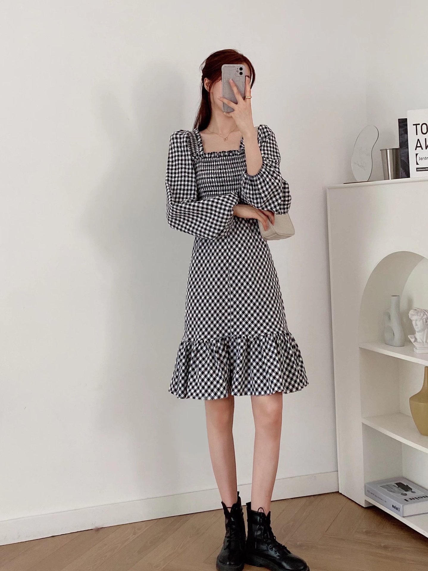 plaid  square neck long-sleeved backless dress nihaostyles wholesale clothing NSAM84956