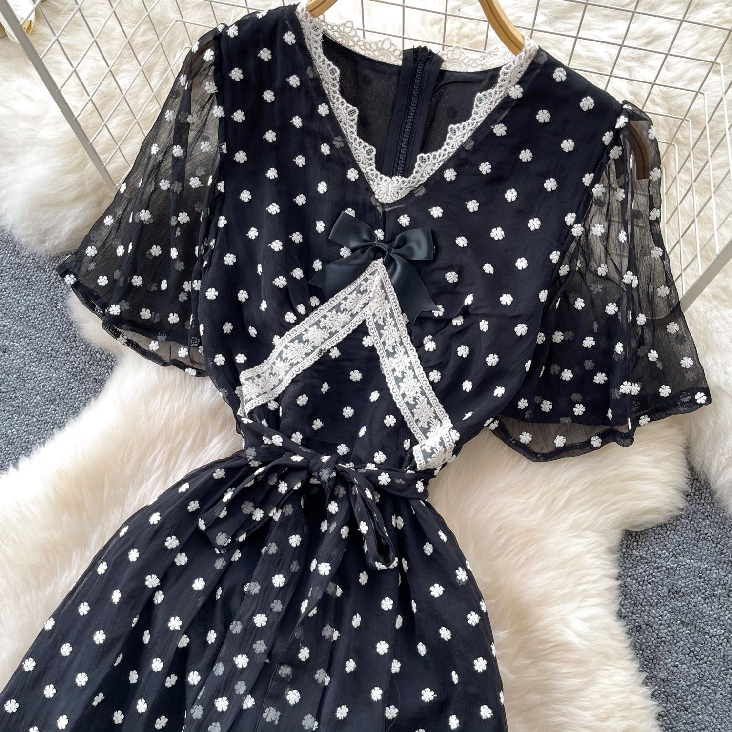 Black Polka Dot Mesh Dress For Women V Neck Short Sleeve High Waist Slimming A Line Long Skirt Ladylike Summer Style_ecoleips.com