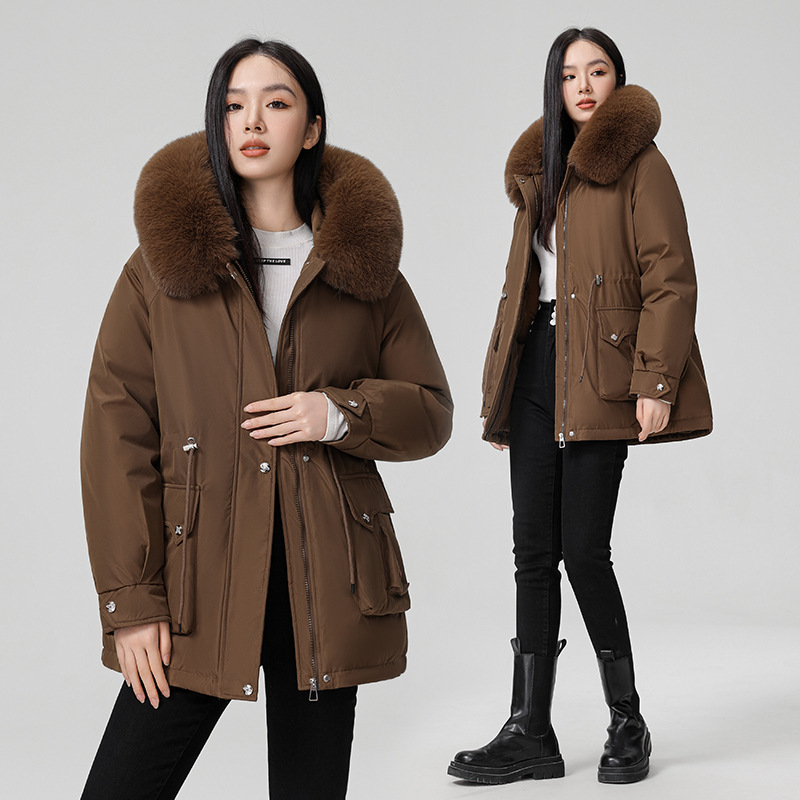Paquete de mujeres de invierno nuevo estilo coreano de cintura delgada con capuzas cuello de pelo más chaqueta de algodón mediano largo image 4