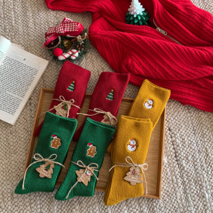 Christmas Socks for Women in Autumn and Winter Double-Needle Embroidered Snowman Christmas Tree Thick Thread Warm Mid-Calf Socks Warm Velvet Christmas Gift