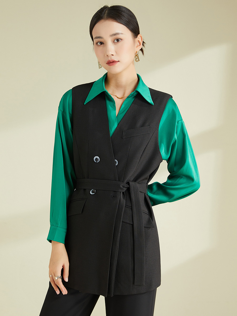 Áo vest gile nữ kiểu Pháp dáng rộng không tay — Màu đen (không bao gồm cổ áo)