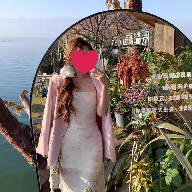 Early Autumn New French Style Romantic Pink Floral Sling dress Women's 2025 Summer Mesh Waist Split Midi Dress