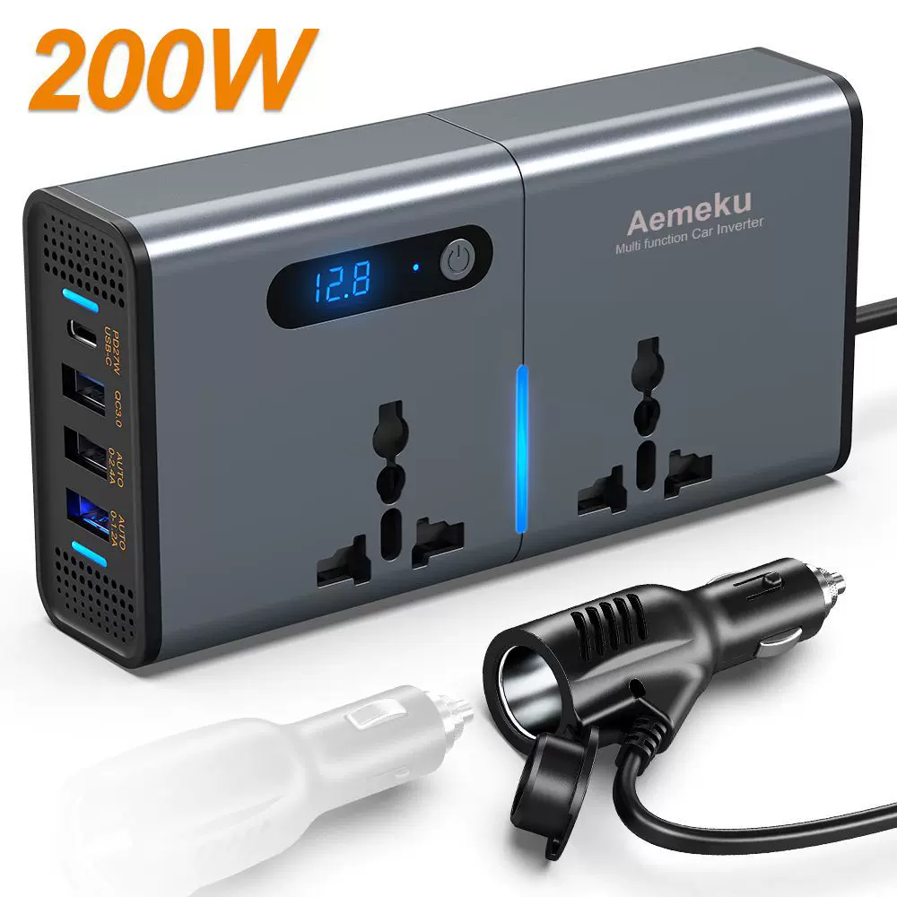 新款跨境热销200W带数显12V/24V转110V 220V车载逆变器多功能电站