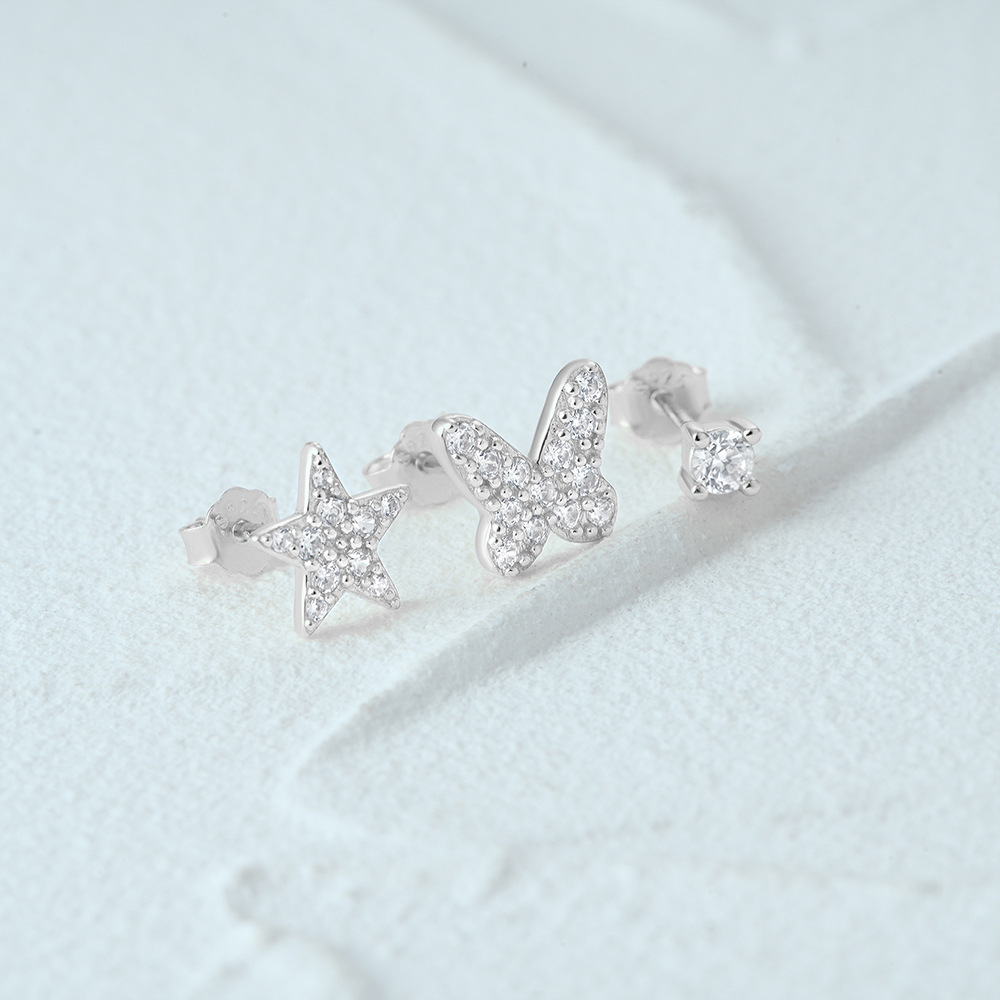 3g Weight Ear Studs Classification 1 Set Quantity Daily Occasion 925 Sterling Silver Material Star, Butterfly Pattern Women's Gender Plating Design Simple Style Style 1 Set 925 Sterling Silver Star Butterfly Ear Studs 106