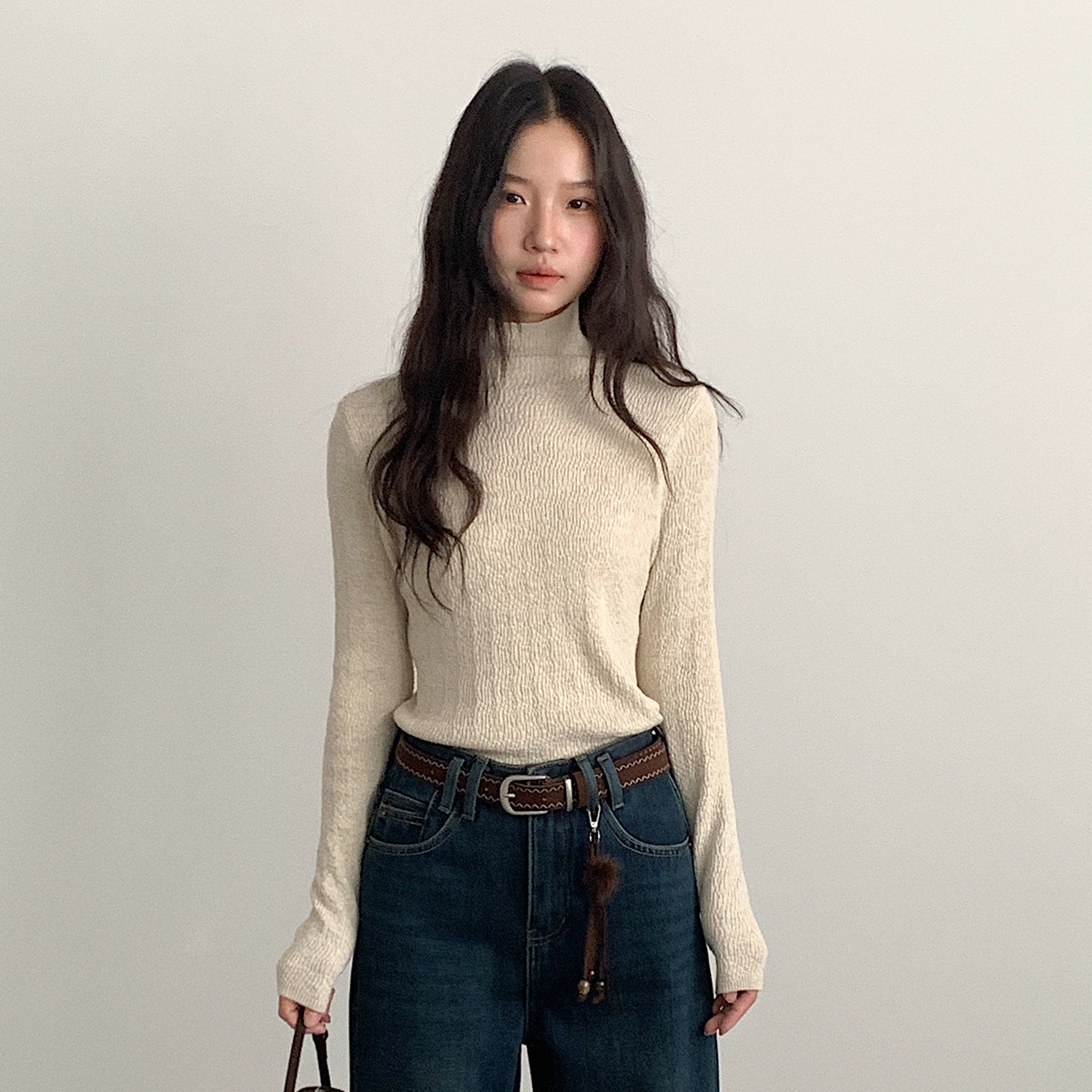 Oufan Apricot Textured High-Neck Inner Tulle Bottoming Shirt T-Shirt Women's Slimming Look Long-Sleeved Top 11061