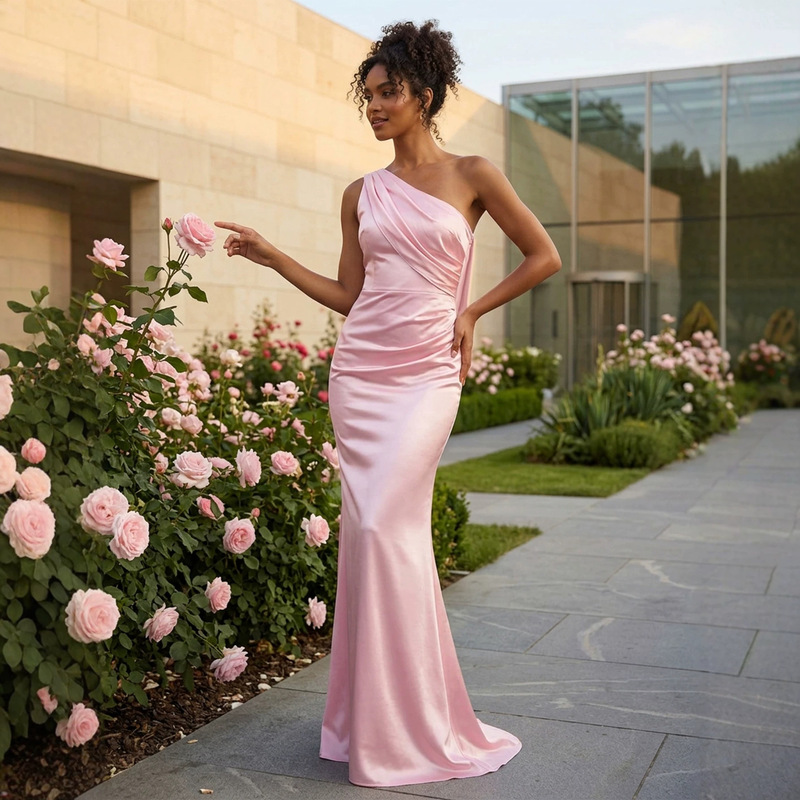 Sexy Pink One-Shoulder Backless Cocktail Dress, Sleeveless Knitted Fishtail Long Dress, Elegant Party Dress