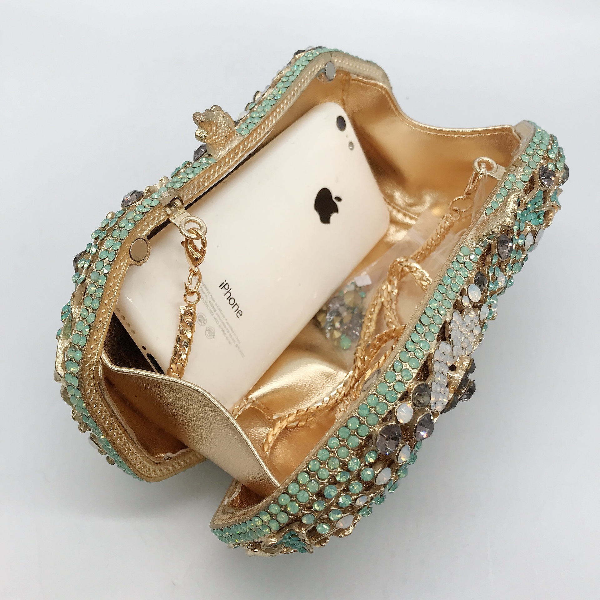 Túi clutch nữ đính đá pha lê dạ hội kích thước 18×9.5×5 cm — Lòng trắng xanh