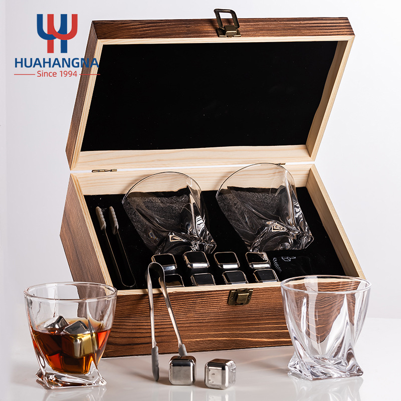 亚马逊威士忌酒杯木盒套装复古不锈钢冰酒石酒具双杯松木炭烧礼盒