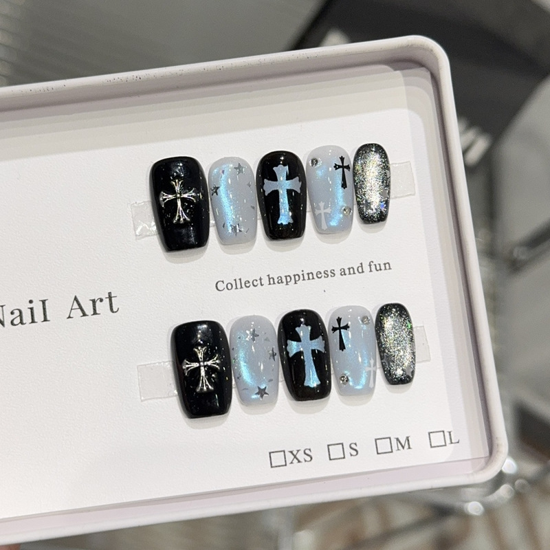 Korean High-End [Crow Heart] Blue Cat Eye Pure Handmade Wearable Nails Wholesale Short Manicure Patches Fake Nails