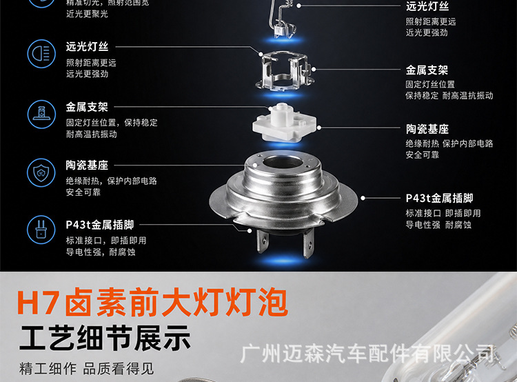 Suitable for car headlights, H7 halogen bulbs for low beam and high beam, 12V 55W 100W 24V, for trucks and buses, front lighting bulbs