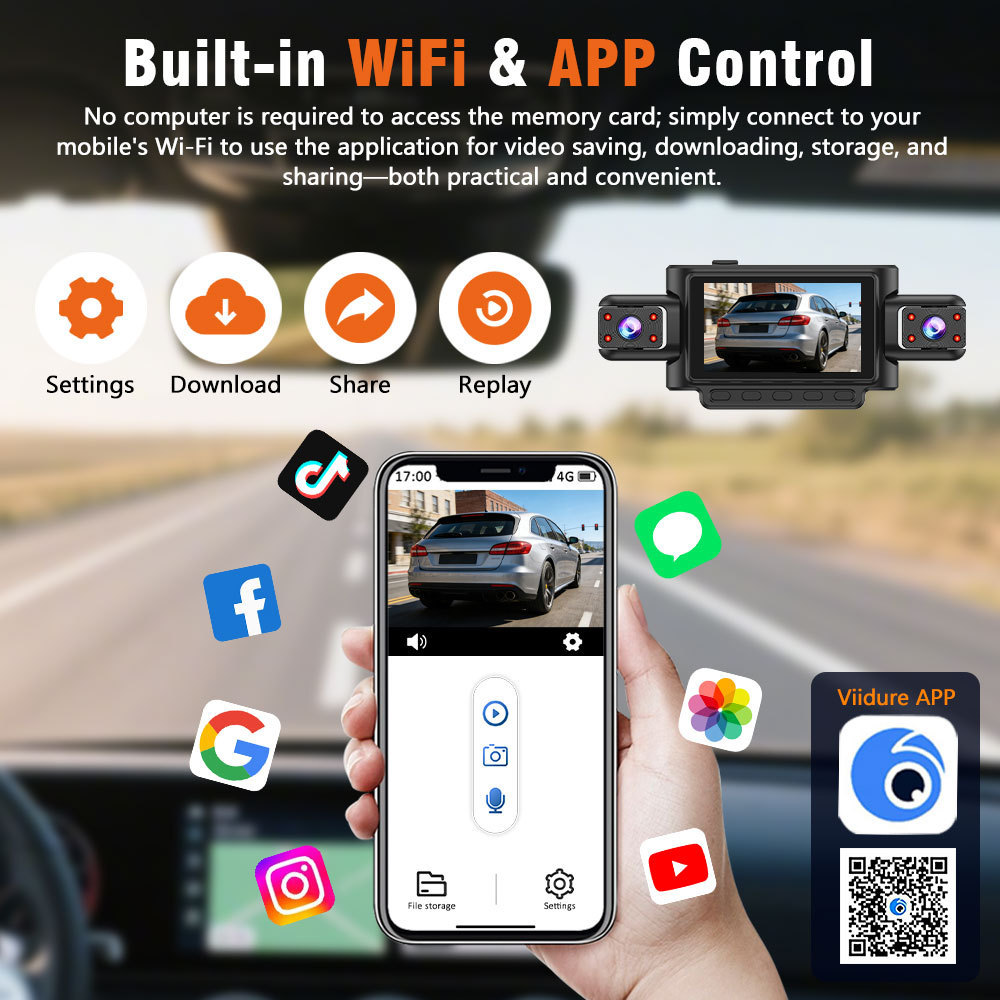 Cross-Border Hot-Selling 1080P High-Definition Dash Cam with Four Lenses, Wifi, 3inch Screens for Simultaneous Recording and Display of Reversing Images