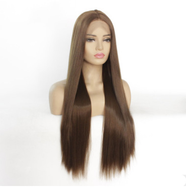 Peruca de comercio exterior marrón europeo y americano cabello largo recto frente de encaje fibra química peluca LW0208