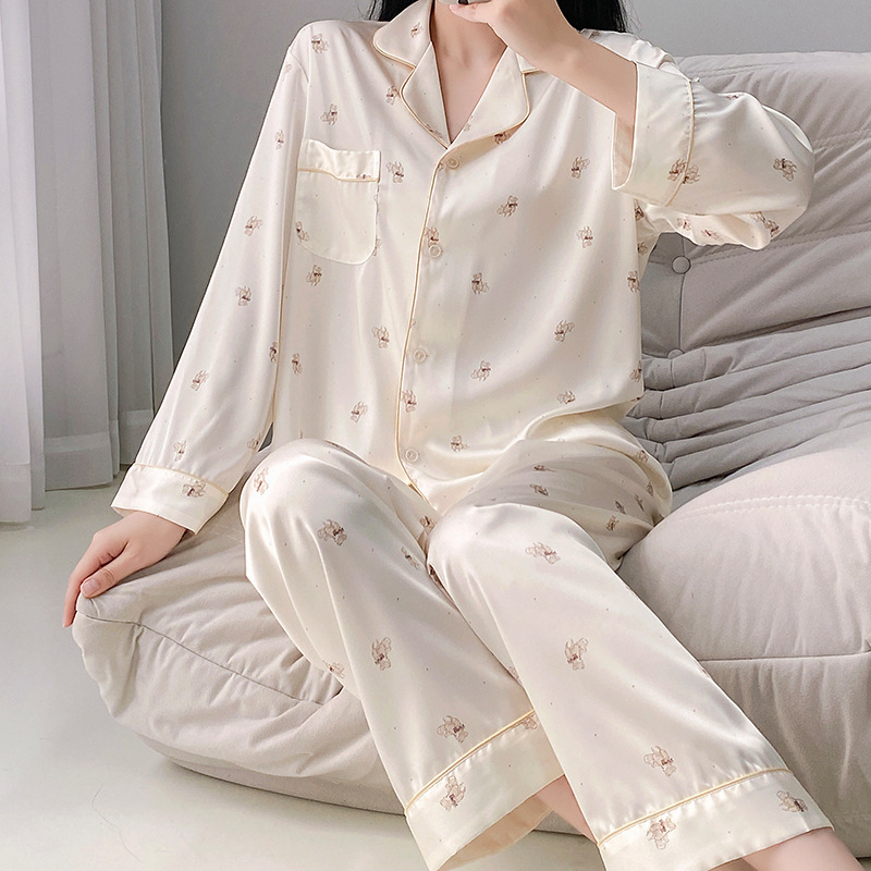 Sweet Age-Reducing Ice Silk Pajamas for Women Autumn Doll Print Long-Sleeved Suit Physical Store Factory Wholesale Home Clothes for Women