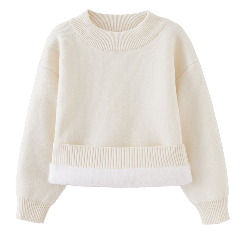 Ropa de invierno suéter forrado de lana de una sola pieza de terciopelo engrosado cuello redondo cálido bebé de los niños de punto camisa de fondo superior al por mayor