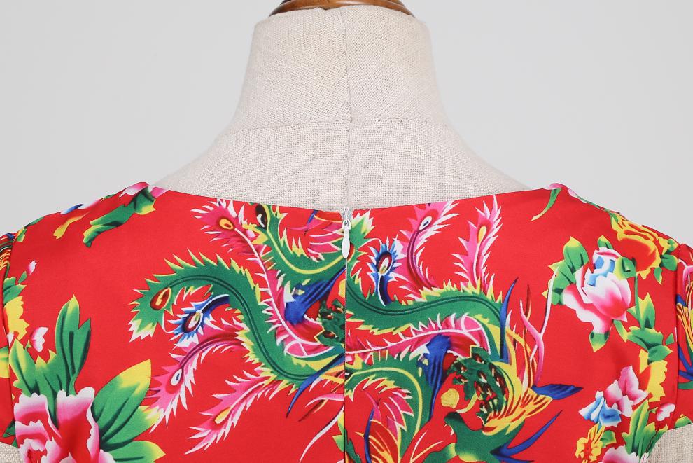 Robe amincissante à imprimé floral rétro et col en V pour femme – Robe d'été élégante mi-longue à manches courtes_voghion.com