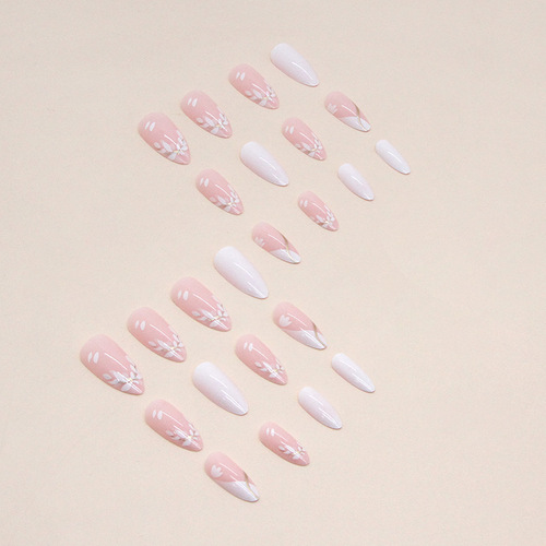 Pink and pure white French fallen flower petals manicure fake nails almond nails finished products wholesale wearable nails