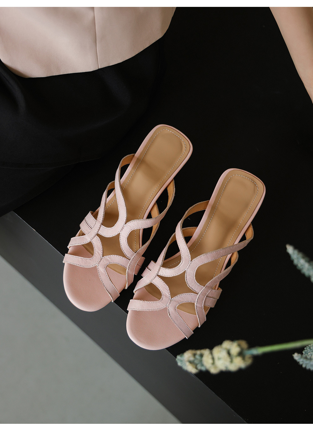 Dép sandal nữ quai chữ V da bò thật, gót thấp 4 cm, hở ngón, phong cách thời trang dạo phố — Hồng nhạt chi tiết 21