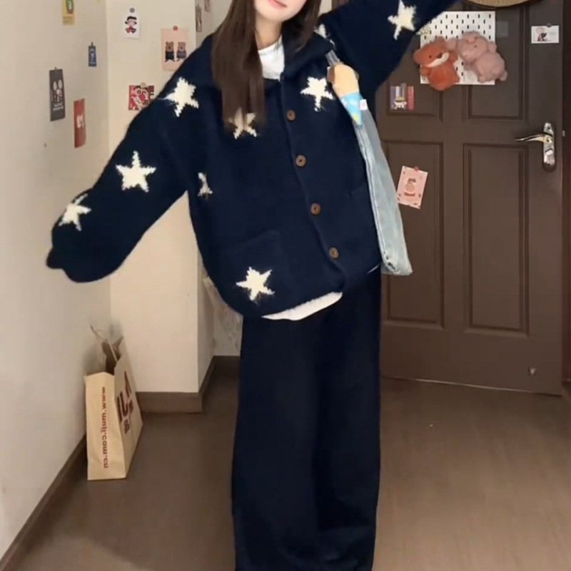 拼色五角星宽松毛衣外套女秋冬新款翻领设计感休闲慵懒风针织开衫|undefined