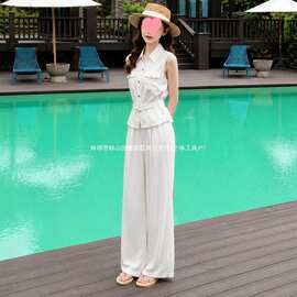无袖衬衫长裤白色套装女2026夏新款翻领工装口袋高腰阔腿休闲透气