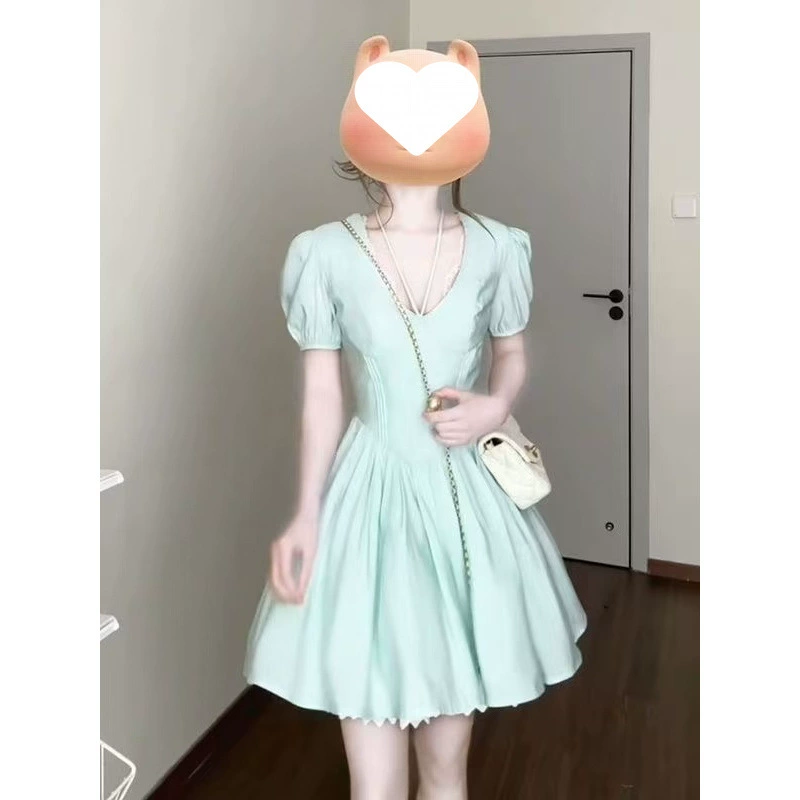 Французское милое мятно-зеленое платье с пышными рукавами и v-образным вырезом для женщин летом, универсальная праздничная сказочная юбка для похудения талии