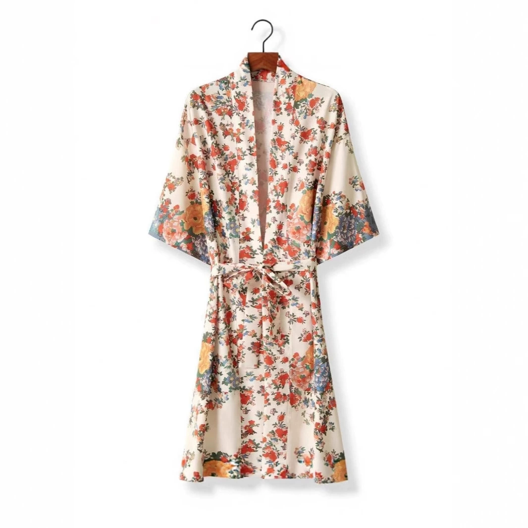 Кимоно-кардиган в богемном этническом стиле с цветочным принтом и перьями, женский литературный ретро-кардиган средней длины, весенне-осенняя верхняя куртка