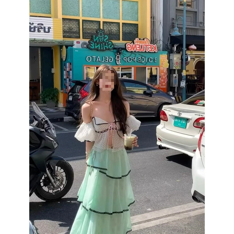 Pure Desire Балетный стиль на одно плечо в горошек Топ-труба Кружевной топ с высокой талией Большая распашная юбка трапециевидной формы Новый костюм для женщин