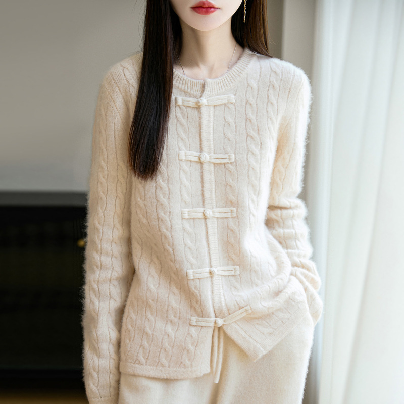 加厚中式盘扣秋冬100羊毛圆领绞花开衫女休闲针织衫显瘦新款毛衣|undefined
