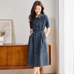 牛仔连衣裙女中长款2025新款休闲抽绳显瘦设计感法式气质衬衫长裙