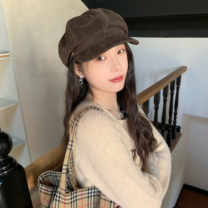 高品质翻毛皮八角帽子女时尚复古气质百搭贝雷帽报童画家帽女|undefined