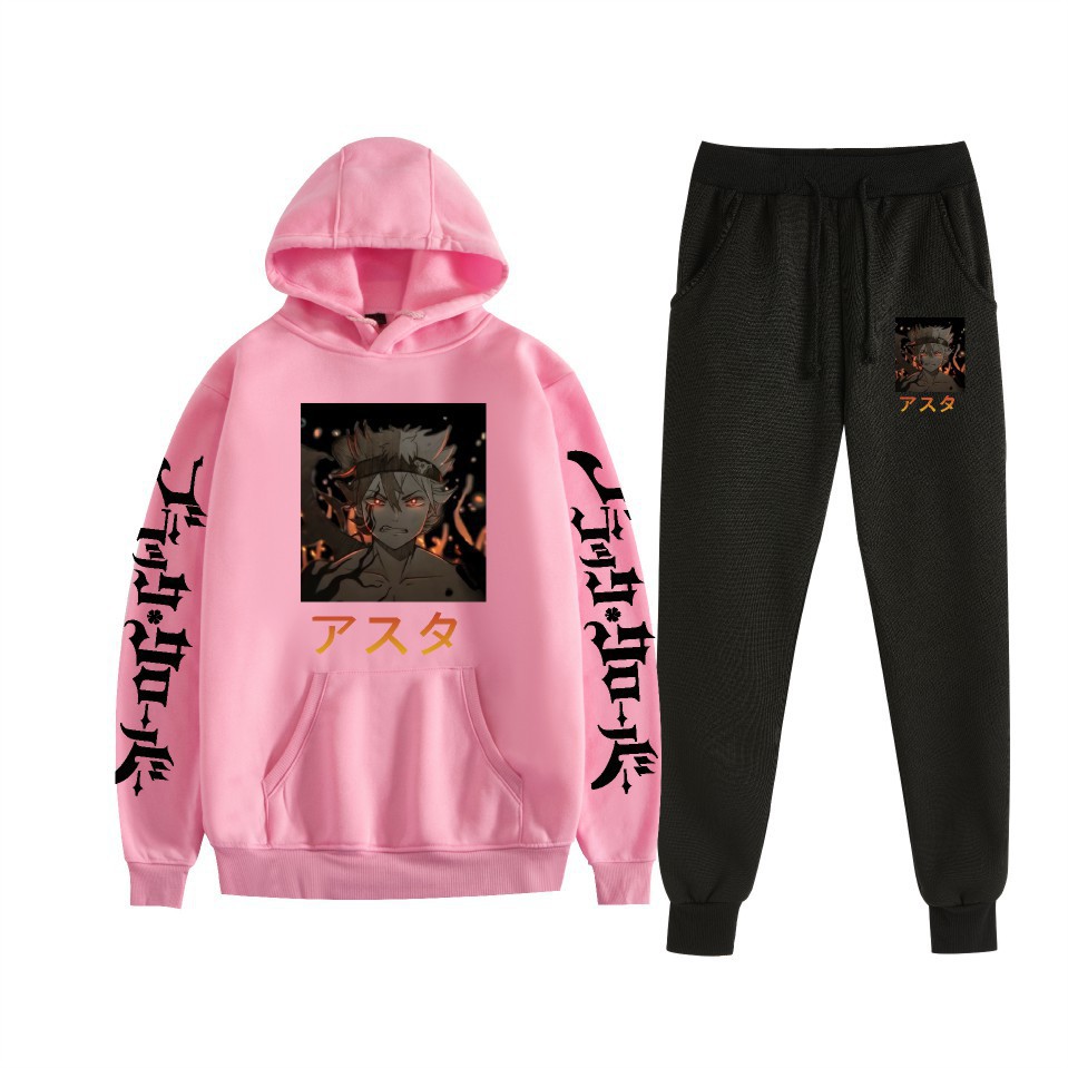 Traje de suéter con capucha suelto de dos piezas de trébol de cuatro hojas negro para hombres y mujeres con estampado de letras nuevas transfronterizas