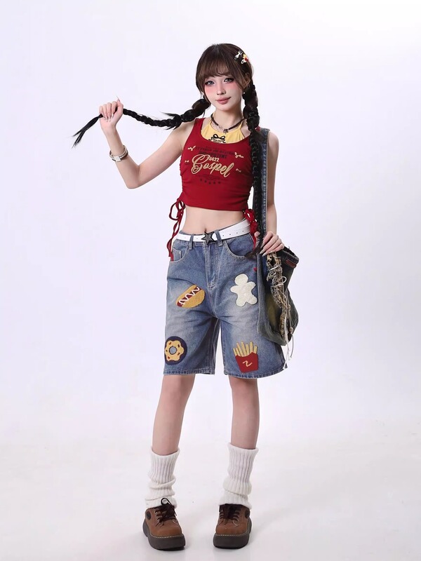 复古美式汉堡薯条毛巾绣牛仔短裤男生夏季宽松阔腿水洗直筒五分裤|undefined