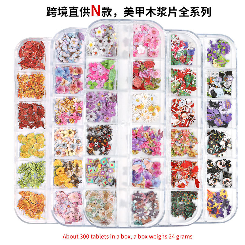 2025 nuevas flores transfronterizas, hojas de pulpa de madera, accesorios para uñas, flores de colores de mariposas, parches de decoración de uñas de bricolaje