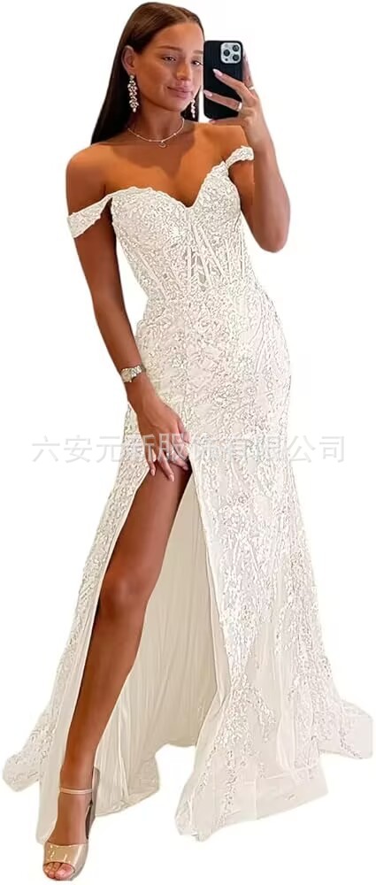Comercio exterior europeo y americano Amazon hombro abierto vestido de baile largo de diafragma de encaje decal de mujer vestido de noche de cola de pescado