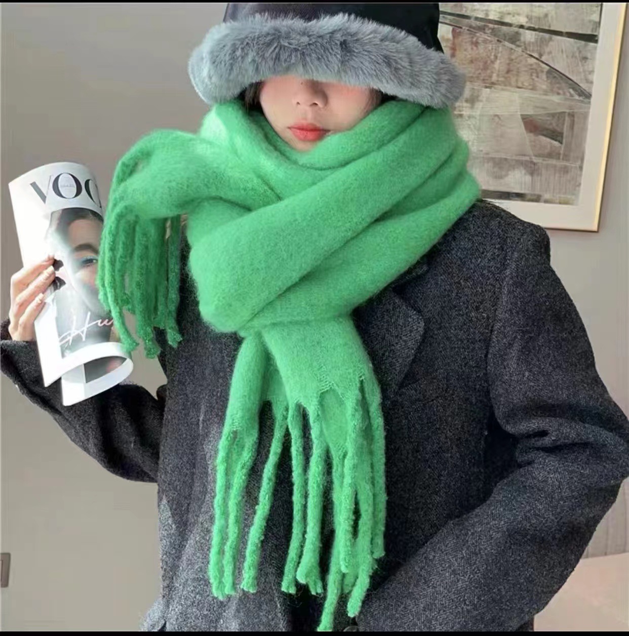 Écharpe en mohair douce et moelleuse de couleur unie pour femme, châle chaud et épais en cachemire polyvalent, nouvelle collection automne hiver_voghion.com