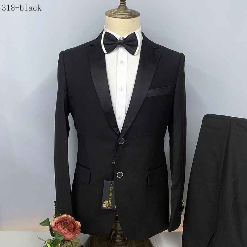 Men's Clothing Business Casual Satin Style Two Piece Suit Black Two Button Skinny_viptrois.com