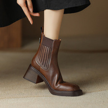 粗跟短靴女2025冬季新款舒适显瘦弹力靴方头法式踝靴高跟切尔西靴