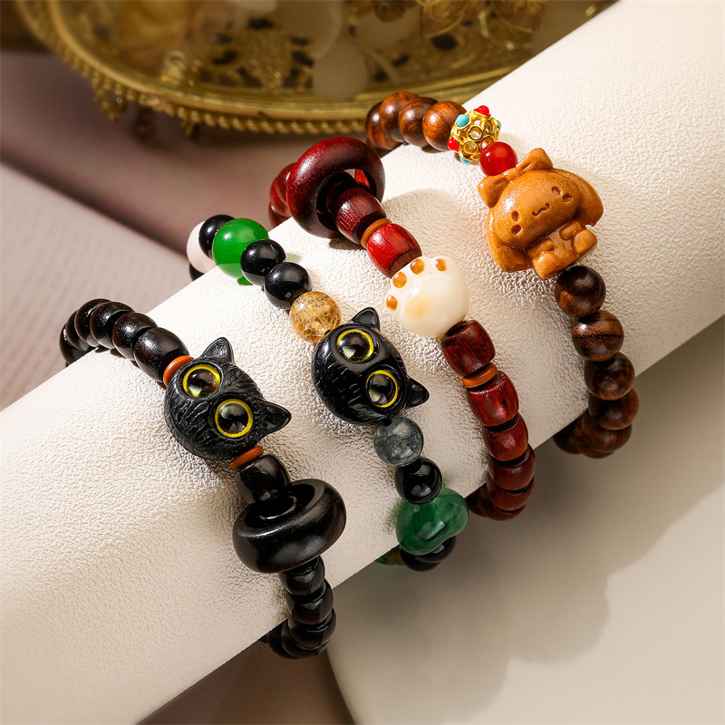 Pulsera de cuentas de piedra de ágata natural, polleras de cuentas de estilo chino para mujeres, personalidad de gatos, joyas de estilo nacional retro