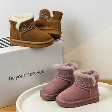 鞋口亮片水钻装饰纯色款翻毛皮保暖加厚雪地靴2025年冬款女童棉靴
