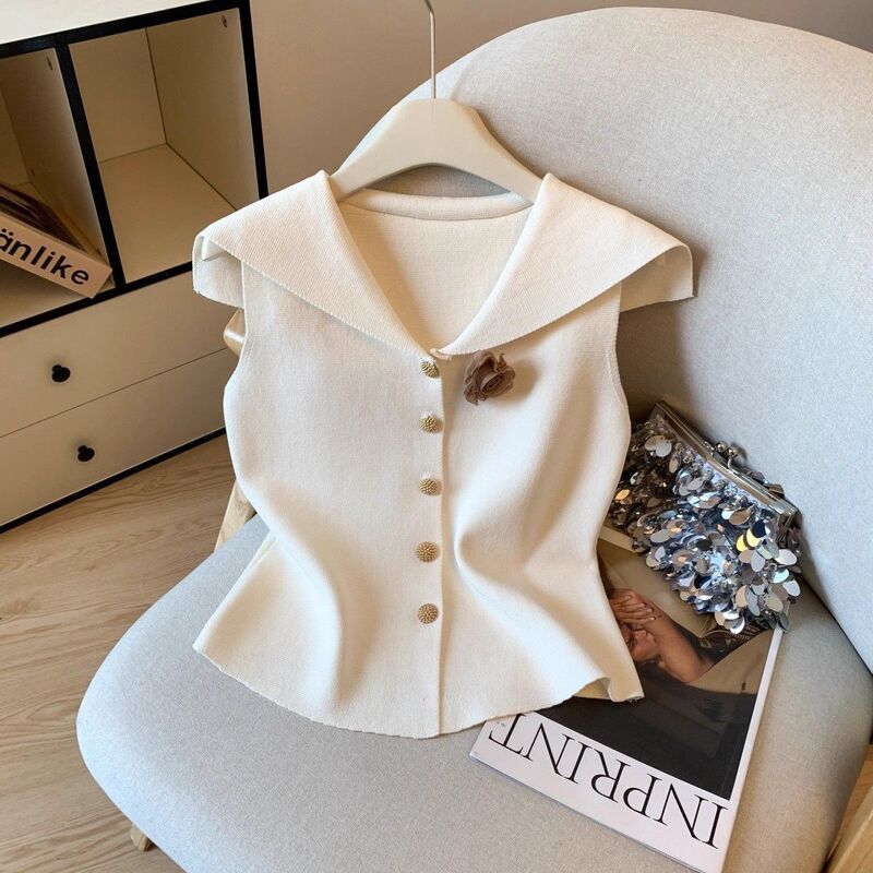 French-Style Navy Collar Sleeveless Vest for Women, Summer 2026 New Model, High-End Three-Dimensional Floral Design, Stylish and Slimming Top